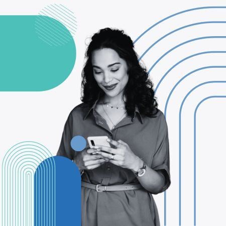 Woman surrounded by phone looking at geometric shapes