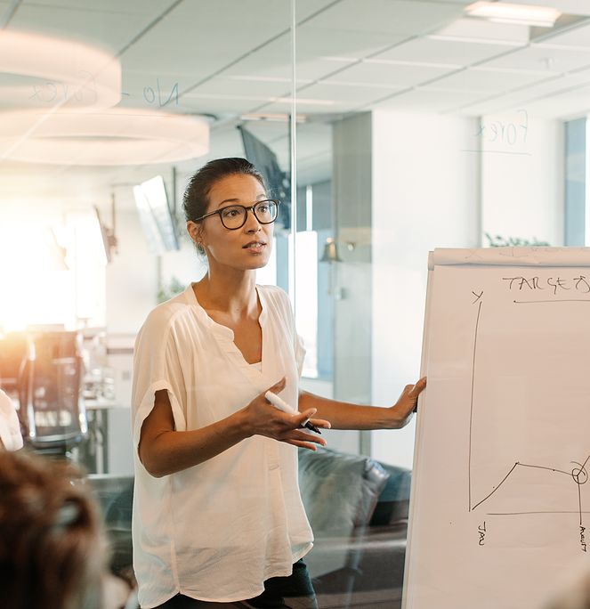 Woman in office with white board